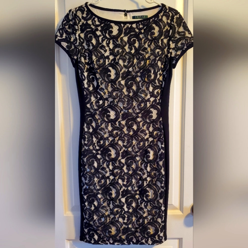 Lauren Ralph Lauren Navy and Cream Lace Midi Dress